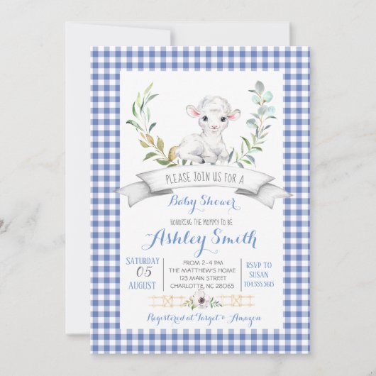 ギンガム農場の羊のベビーシャワーの招待状 招待状 (正面)