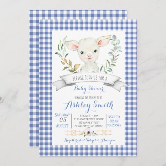 ギンガム農場の羊の赤ちゃんシャワーの招待 招待状 (正面/裏面)