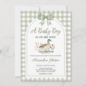 ギンガム サージュグリーン マラード ダック ベイビー シャワー 招待状 (正面)