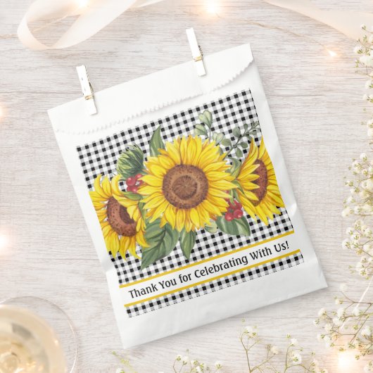 ギンガム & ヒマワリ 封筒型ギフトバッグ 女性 イベント フェイバーバッグ (クリップ留めされた状態)