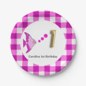 ギンガム ピンクの魚と風船の1歳の誕生日 ペーパープレート (正面)
