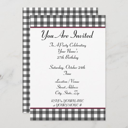 ギンガム 誕生日パーティーの招待状 招待状 (正面/裏面)