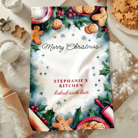 ギンガーブレッドとホリー・メリークリスマスパーソナライズされた キッチンタオル