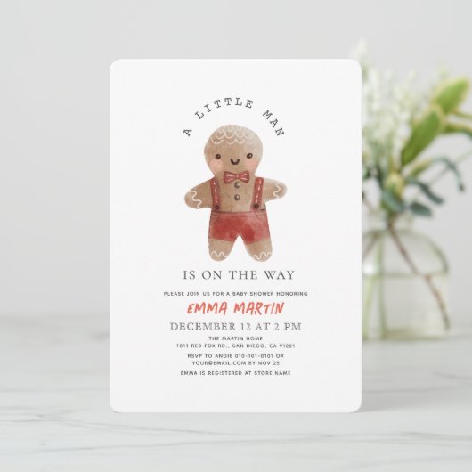 ギンガーブレッドクリスマスホリデーボーイベビーシャワー 招待状 (スタンド正面)