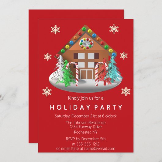 ギンガーブレッドハウスキャンディケインレッドホリデーパーティー 招待状 (正面/裏面)