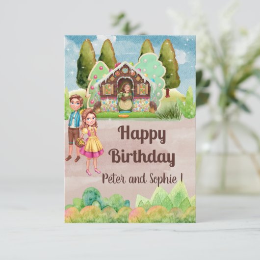 ギンガーブレッドハウスハンゼルとグレテル双子の誕生日 カード (スタンド正面)