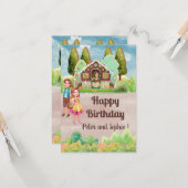 ギンガーブレッドハウスハンゼルとグレテル双子の誕生日 カード (正面/裏面インサイチュ)