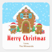 ギンガーブレッドハウスブルーと赤いメリークリスマス スクエアシール (正面)