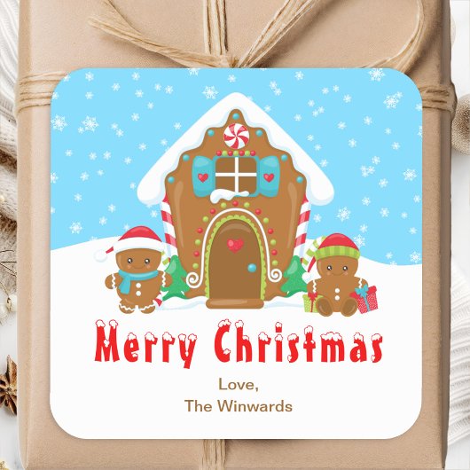 ギンガーブレッドハウスブルーと赤いメリークリスマス スクエアシール