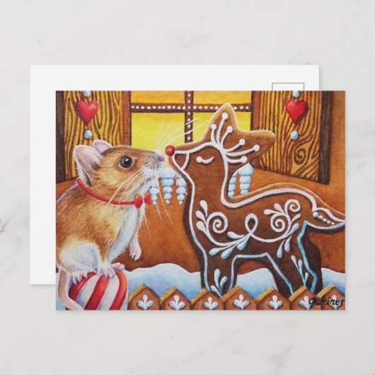 ギンガーブレッドハウスマウス&トナカイ水彩画 ポストカード (正面/裏面)