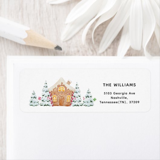 ギンガーブレッドハウス雪の木のミニマリストのクリスマス ラベル (インサイチュ)