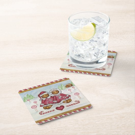 ギンガーブレッド少年とガールコースター スクエアペーパーコースター (インサイチュ)