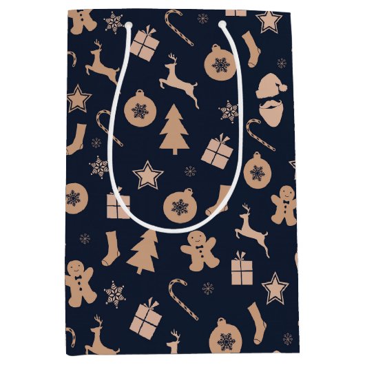 ギンガーブレッド、サンタ、クリスマスツリーパターン ミディアムペーパーバッグ (正面)