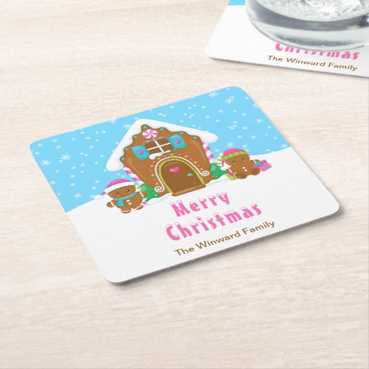 ギンガ飾ーパンのパーティーブライトブルーとピンク スクエアペーパーコースター (アングル)