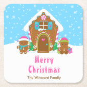 ギンガ飾ーパンのパーティーブライトブルーとピンク スクエアペーパーコースター (正面)