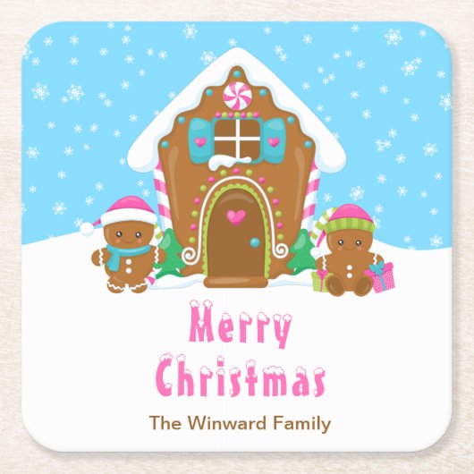 ギンガ飾ーパンのパーティーブライトブルーとピンク スクエアペーパーコースター (正面)