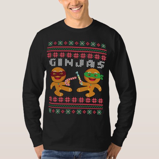 ギンジャスジンジャーブレッドマン醜いクリスマスセーター Tシャツ (正面)