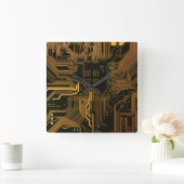 ギークアウトおたくPCBオレンジ色の電子回路基板 スクエア壁時計 (ホーム)