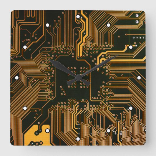 ギークアウトおたくPCBオレンジ色の電子回路基板 スクエア壁時計 (正面)