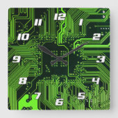 ギークアウトおたくPCBグリーン電子回路基板 スクエア壁時計 (正面)