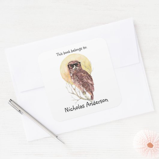 ギークヒップスターフクロウ眼鏡クール蔵書票 スクエアシール (封筒)