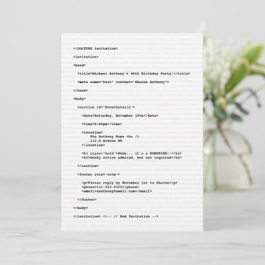 ギークプログラマHTMLコード誕生日招待状 招待状 (スタンド正面)