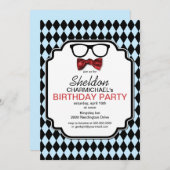 ギーク眼鏡、ボウタイ&アーガイル柄の誕生日招待状 招待状 (正面/裏面)