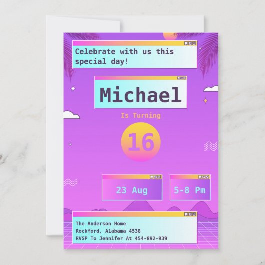 ギークVaporwave 80sおよび90s誕生日招待状 招待状 (正面)