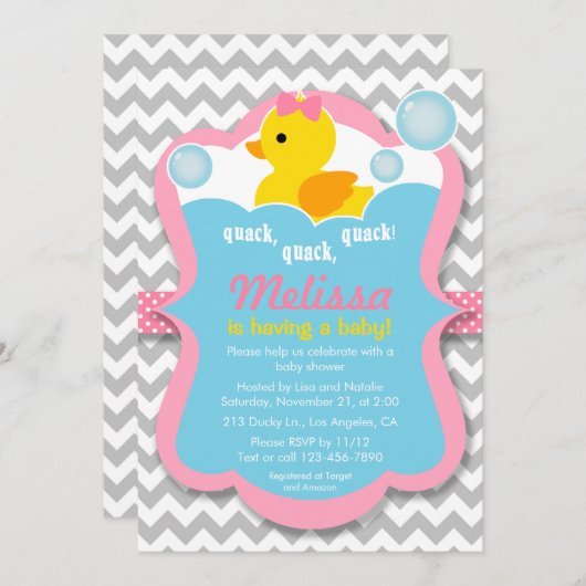 クアックゴムダッキー（アヒルちゃん）ガールベビーシャワー招待状 招待状 (正面/裏面)