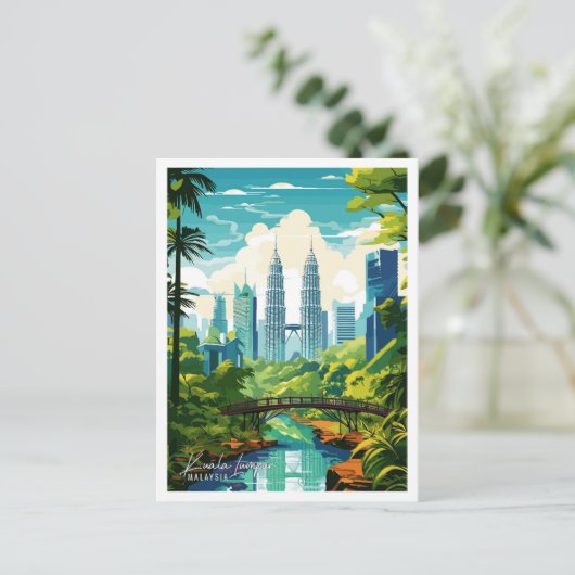 クアラルンプールマレーシアのヴィンテージ旅行イラストレーション ポストカード (スタンド正面)