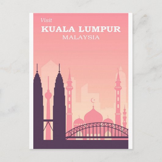 クアラルンプールMalaysia Pink Vintage Travel Poster ポストカード (正面)