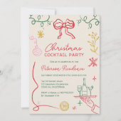 クィルキーなボーホーグリーンのイラストが目を引くクリスマス・カクテル 招待状 (正面)