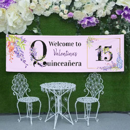 クィンセañera(15歳の誕生日)パーティー用 紫色の藤の花のフラワー装飾入りナンバー15 横断幕
