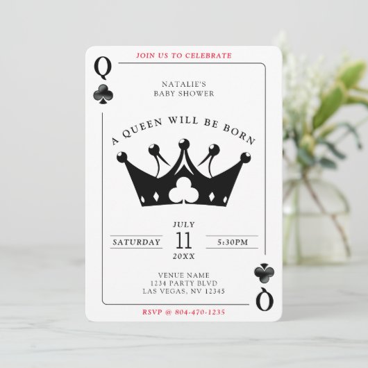クィーンオブクラブカジノトランプのポーカーカードベビーシャワー 招待状 (スタンド正面)