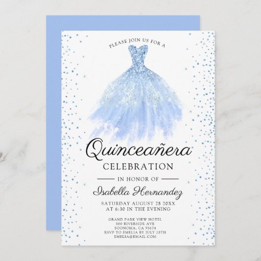 クイネアナブルーグリッターガウンパーティの招待状 招待状 (正面/裏面)