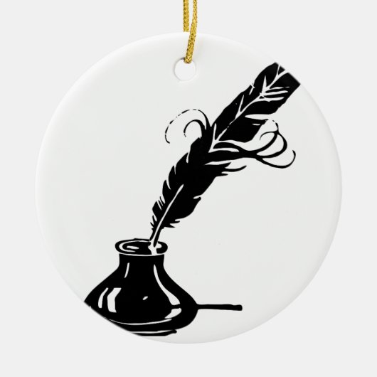 クイルおよびインク瓶 セラミックオーナメント (正面)