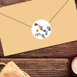 クイルカラフルペイズリーとイニシャル ラウンドシール