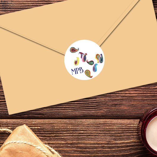 クイルカラフルペイズリーとイニシャル ラウンドシール