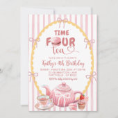 クイルキーイラスト Time FOUR お茶 4歳の誕生日 招待状 (正面)