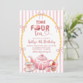 クイルキーイラスト Time FOUR お茶 4歳の誕生日 招待状 (スタンド正面)