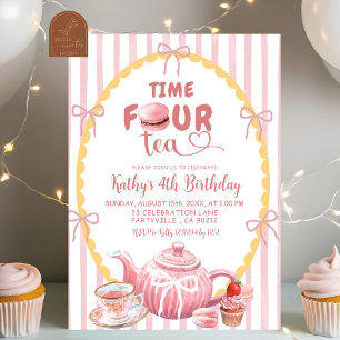 クイルキーイラスト Time FOUR お茶 4歳の誕生日 招待状