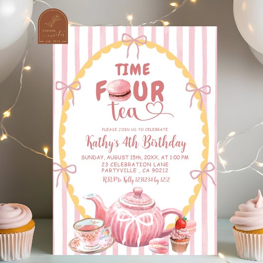 クイルキーイラスト Time FOUR お茶 4歳の誕生日 招待状