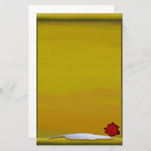 クイル及び赤いワックスのドラゴンのシールが付いている羊皮紙 便箋 (正面/裏面)