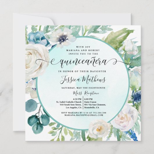 クインエレガントセアニェラインアクアターコイズティール(緑がかった色)フローラ 招待状 (正面)