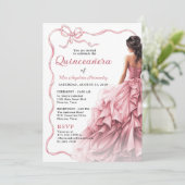 クインセアニェーラのピンクのドレス 飾りリボン 写真 招待状 (スタンド正面)