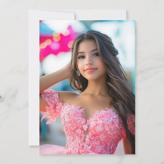 クインセアニェーラのピンクのドレス 飾りリボン 写真 招待状 (裏面)