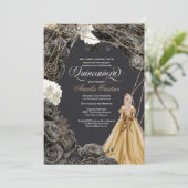 クインセニェラwブラックバラ、金ゴールドガウン、グリッターイン 招待状 (スタンド正面)