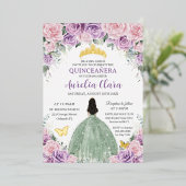 クインセañera パープル ピンク フラワーセージ グリーン ドレス 箔招待状 (立ち正面)