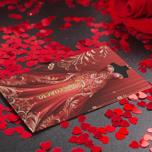 クインテンセラグラムレッドドレスバースデーパーティー招待状 サンキューカード