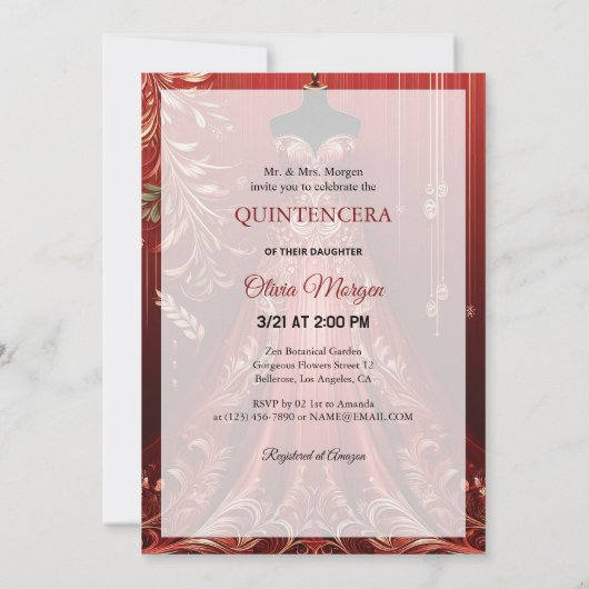 クインテンセラグラムレッドドレスバースデーパーティー招待状 サンキューカード (裏面)